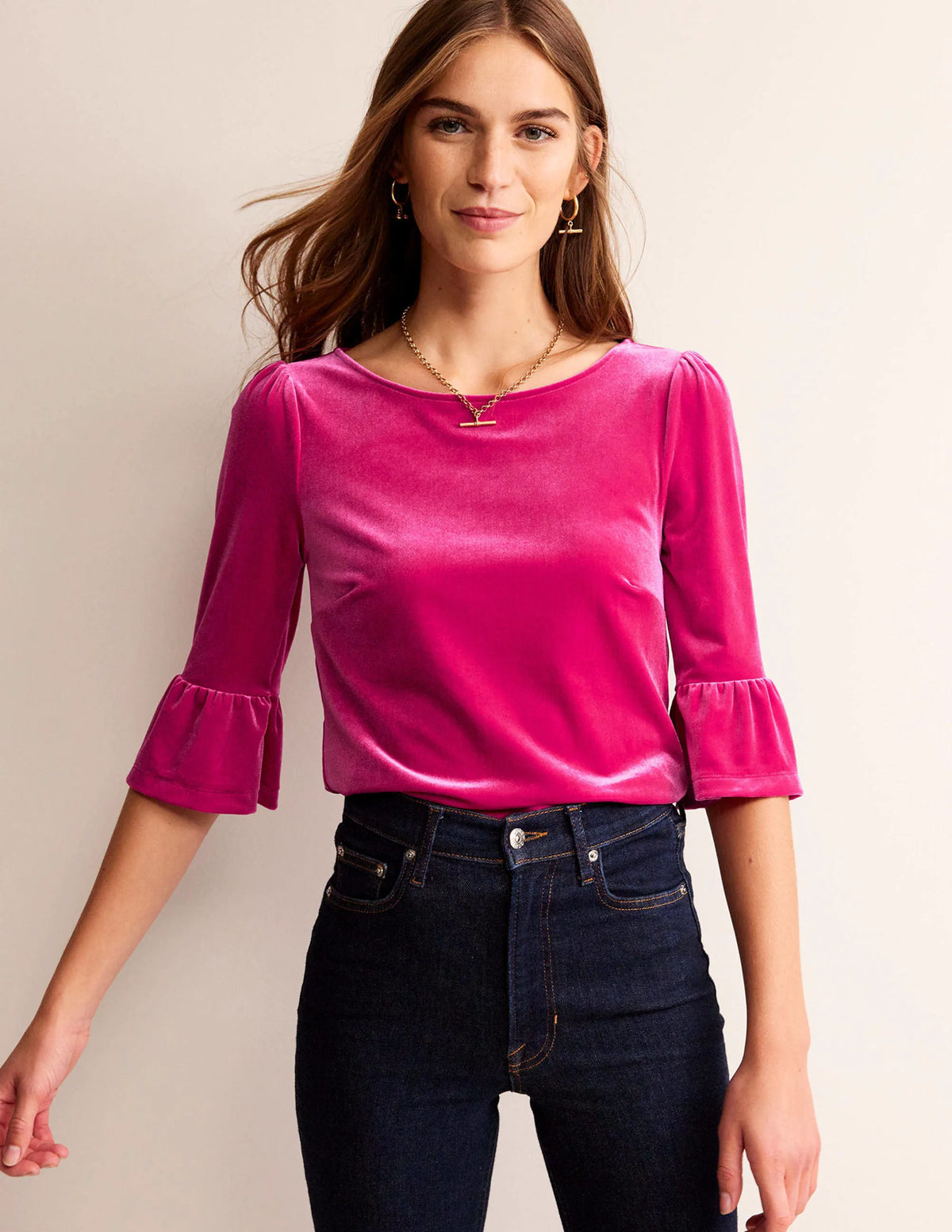 Velvet Ruffle Cuff Top-Vibrant Pink