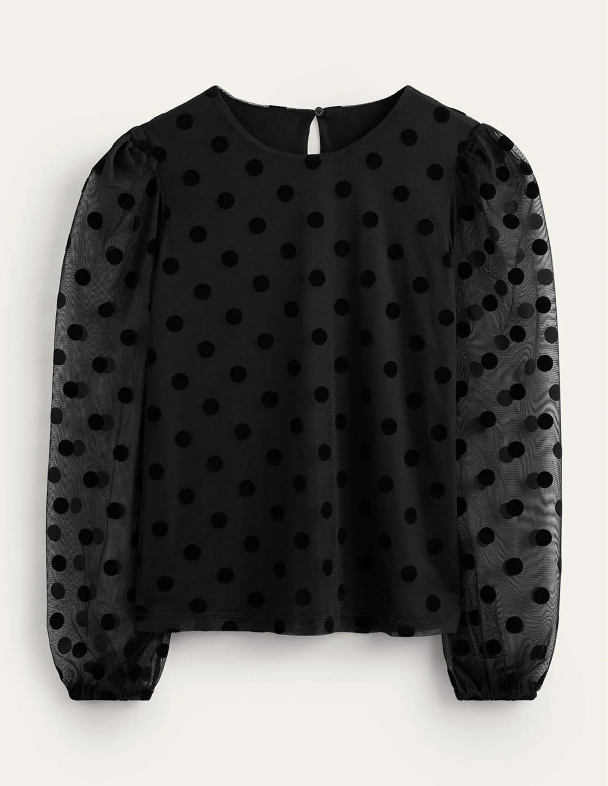 Puff-Sleeve Spotty Tulle Top-Black