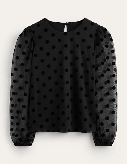 Puff-Sleeve Spotty Tulle Top-Black