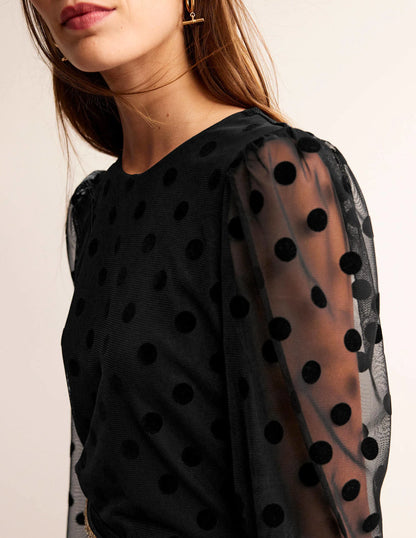 Puff-Sleeve Spotty Tulle Top-Black