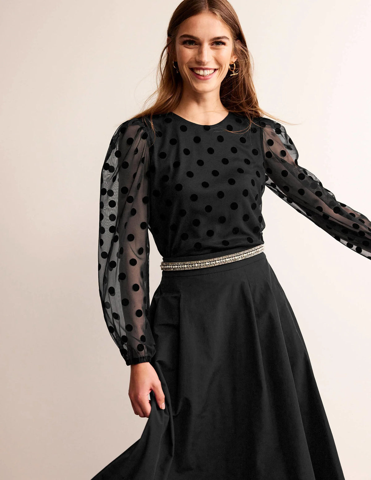 Puff-Sleeve Spotty Tulle Top-Black