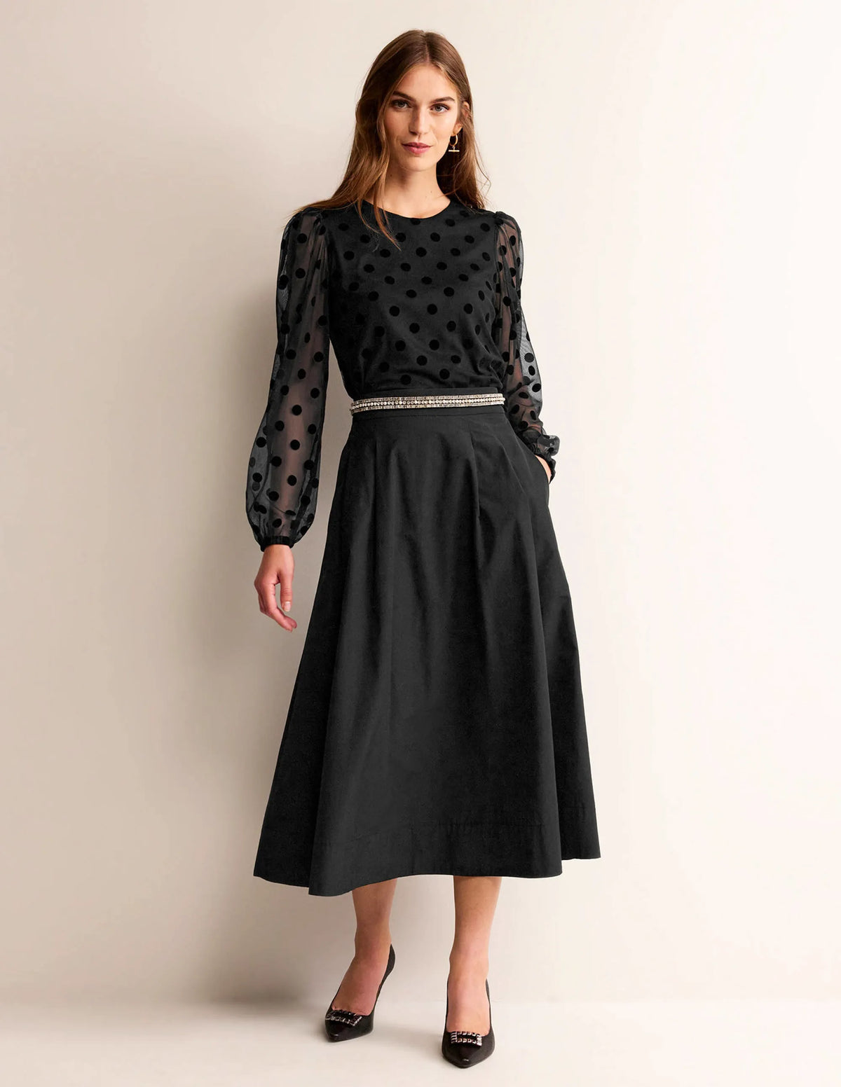 Puff-Sleeve Spotty Tulle Top-Black