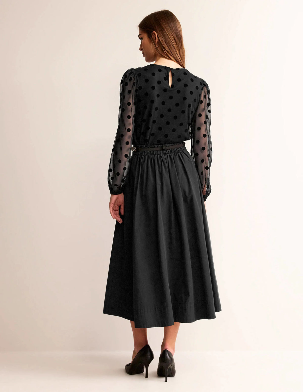Puff-Sleeve Spotty Tulle Top-Black