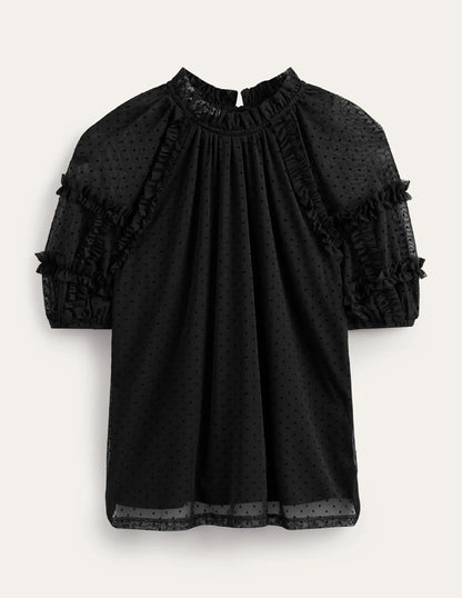 Short-Sleeve Spotty Tulle Top-Black