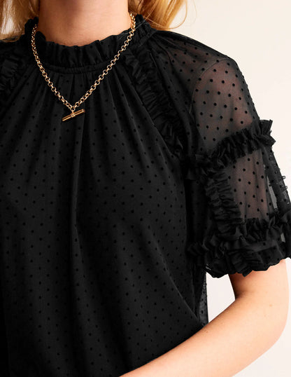 Short-Sleeve Spotty Tulle Top-Black