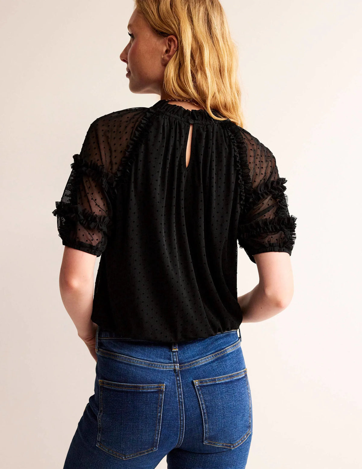 Short-Sleeve Spotty Tulle Top-Black