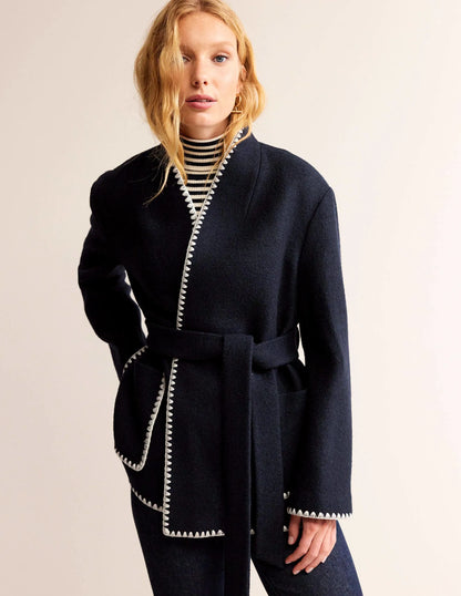 Belted Short Wrap Coat-Navy
