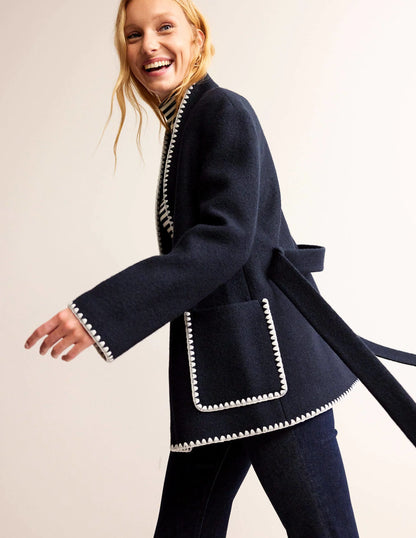 Belted Short Wrap Coat-Navy