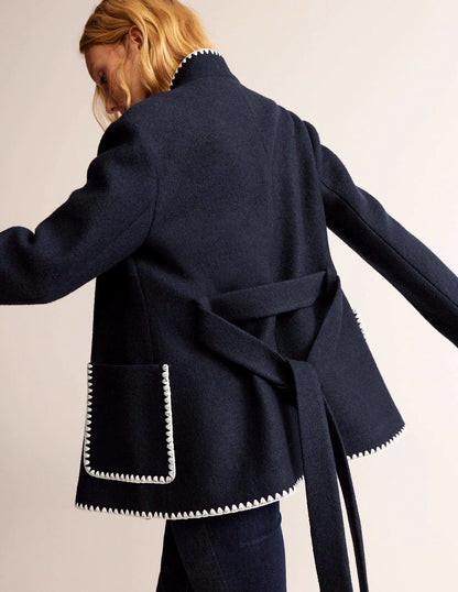 Belted Short Wrap Coat-Navy