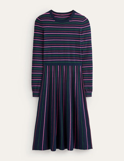Maria Knitted Midi Dress-Navy and Pink