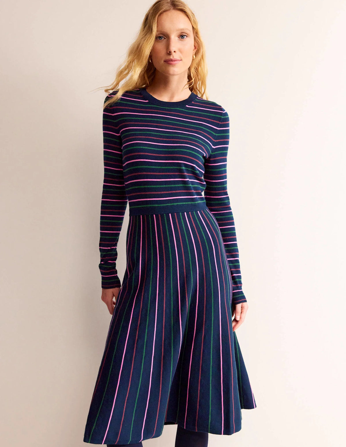 Maria Knitted Midi Dress-Navy and Pink