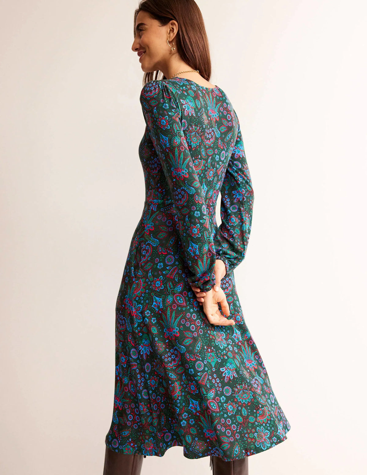 Camille Jersey Midi Dress-Chatsworth Green, Azalea Bloom