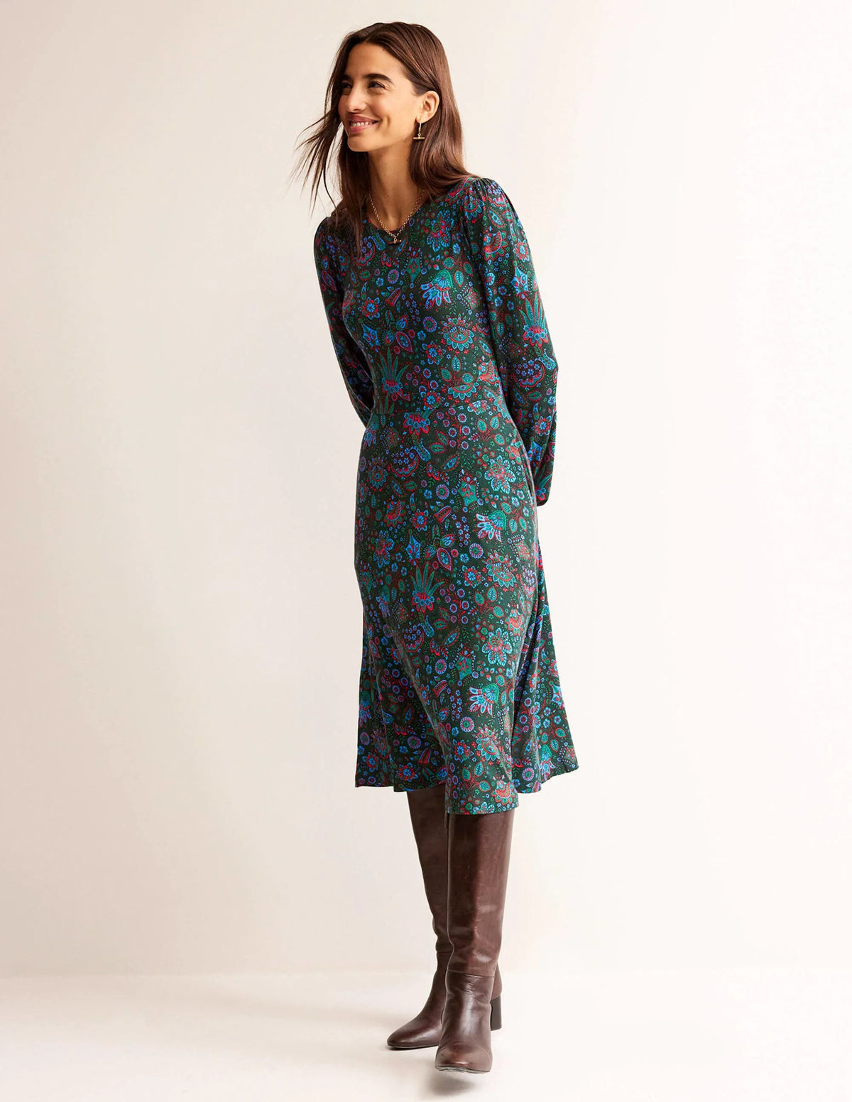 Camille Jersey Midi Dress-Chatsworth Green, Azalea Bloom