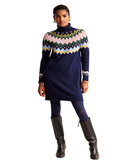Edith Fair Isle Knitted Dress-Navy
