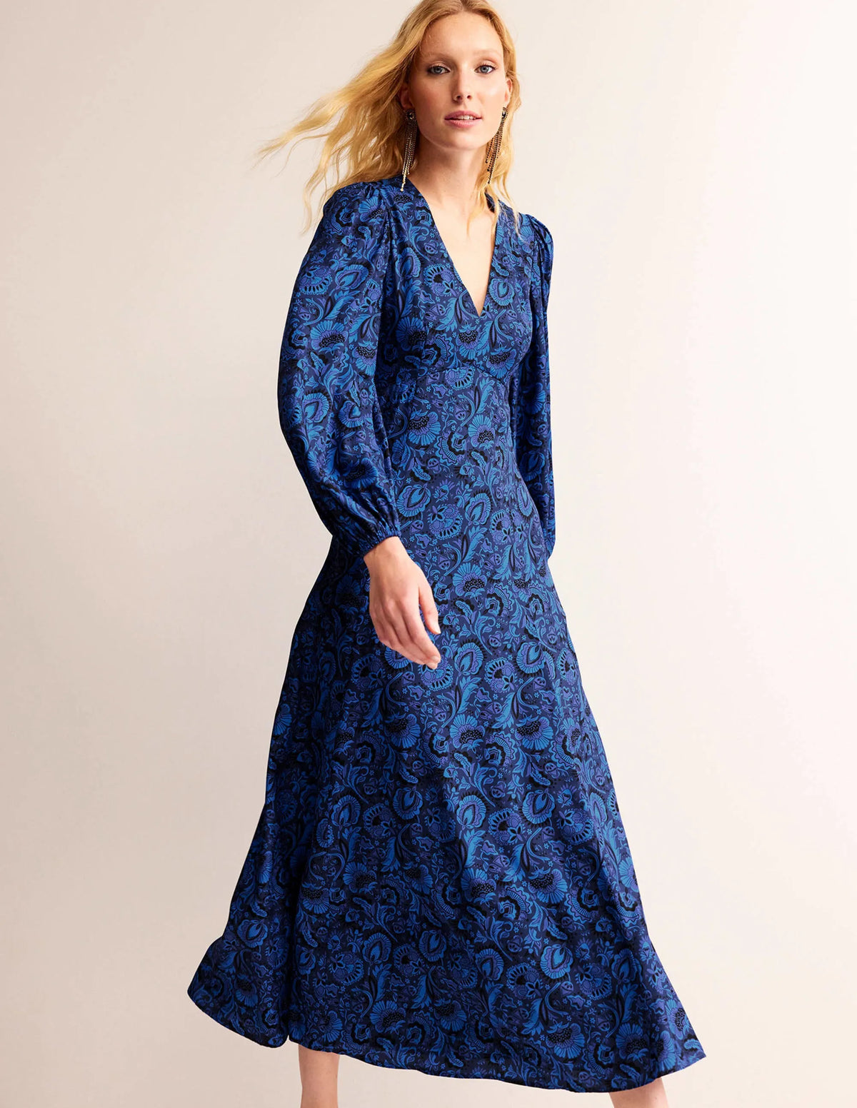 Blouson Sleeve Maxi Tea Dress-Bright Cobalt, Florist