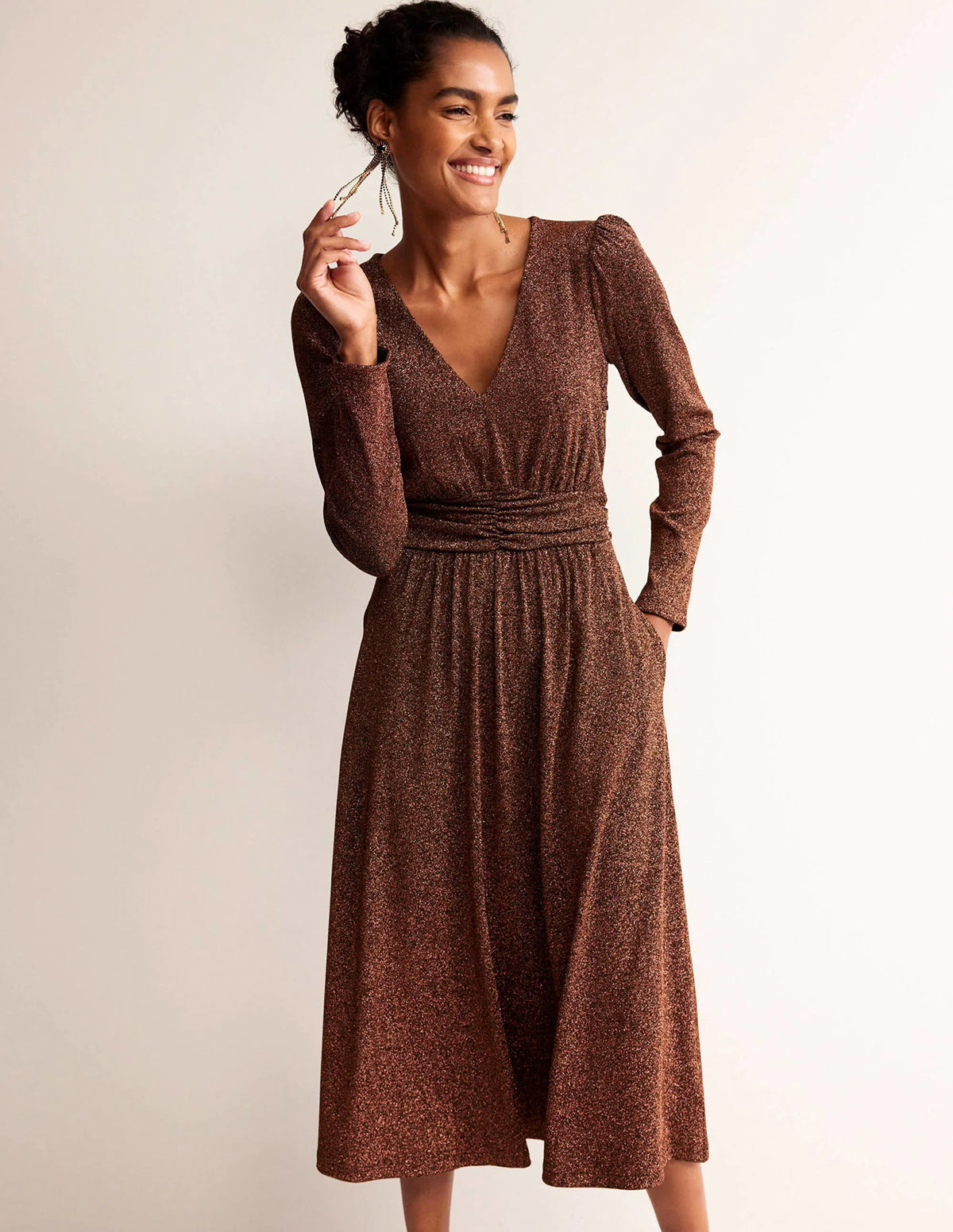 Ruched Waist Sparkle Dress-Copper