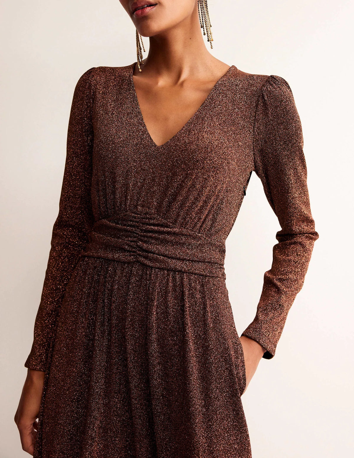 Ruched Waist Sparkle Dress-Copper