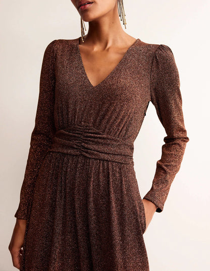 Ruched Waist Sparkle Dress-Copper