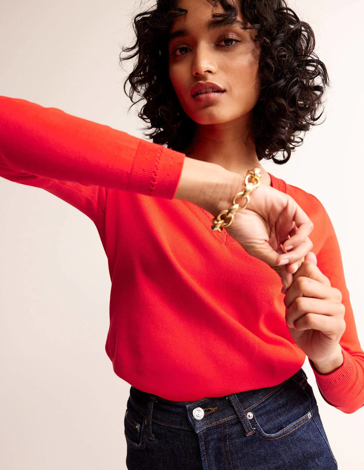 Catriona Cotton V-Neck Jumper-Poppy Red