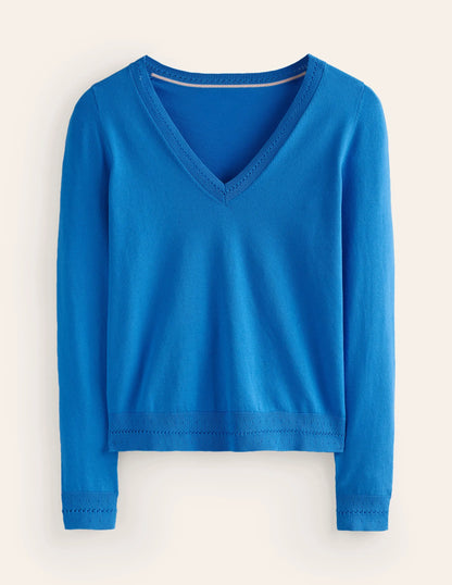 Catriona Cotton V-Neck Jumper-Brilliant Blue
