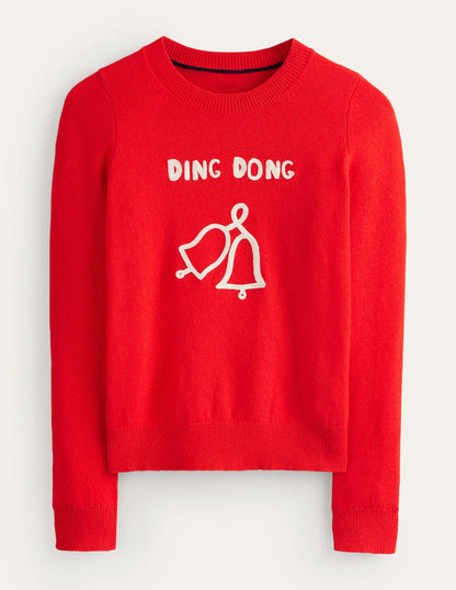 Festive Embroidered Sweater-Brilliant Red, Ding Dong