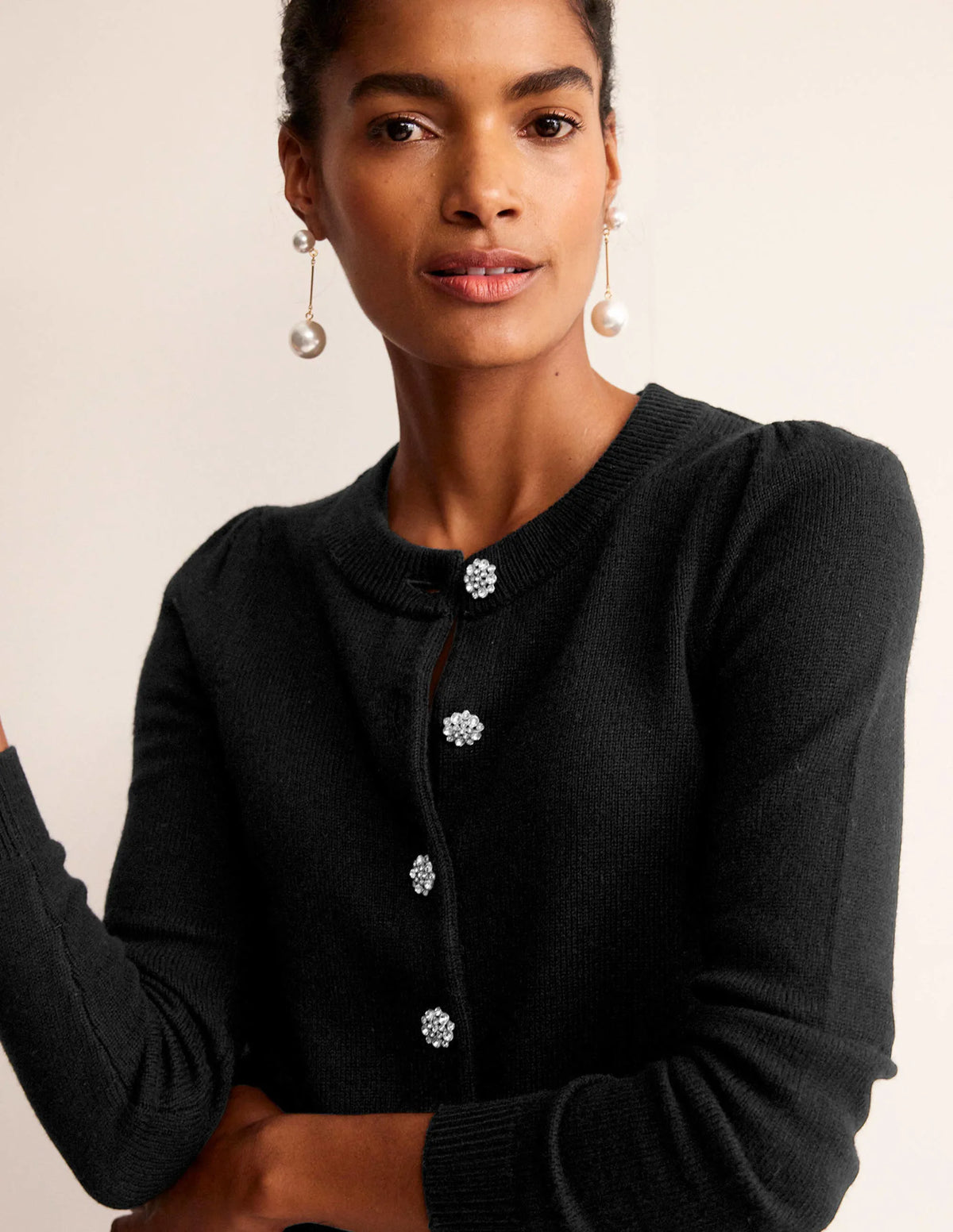 Jewel Button Cardigan-Black