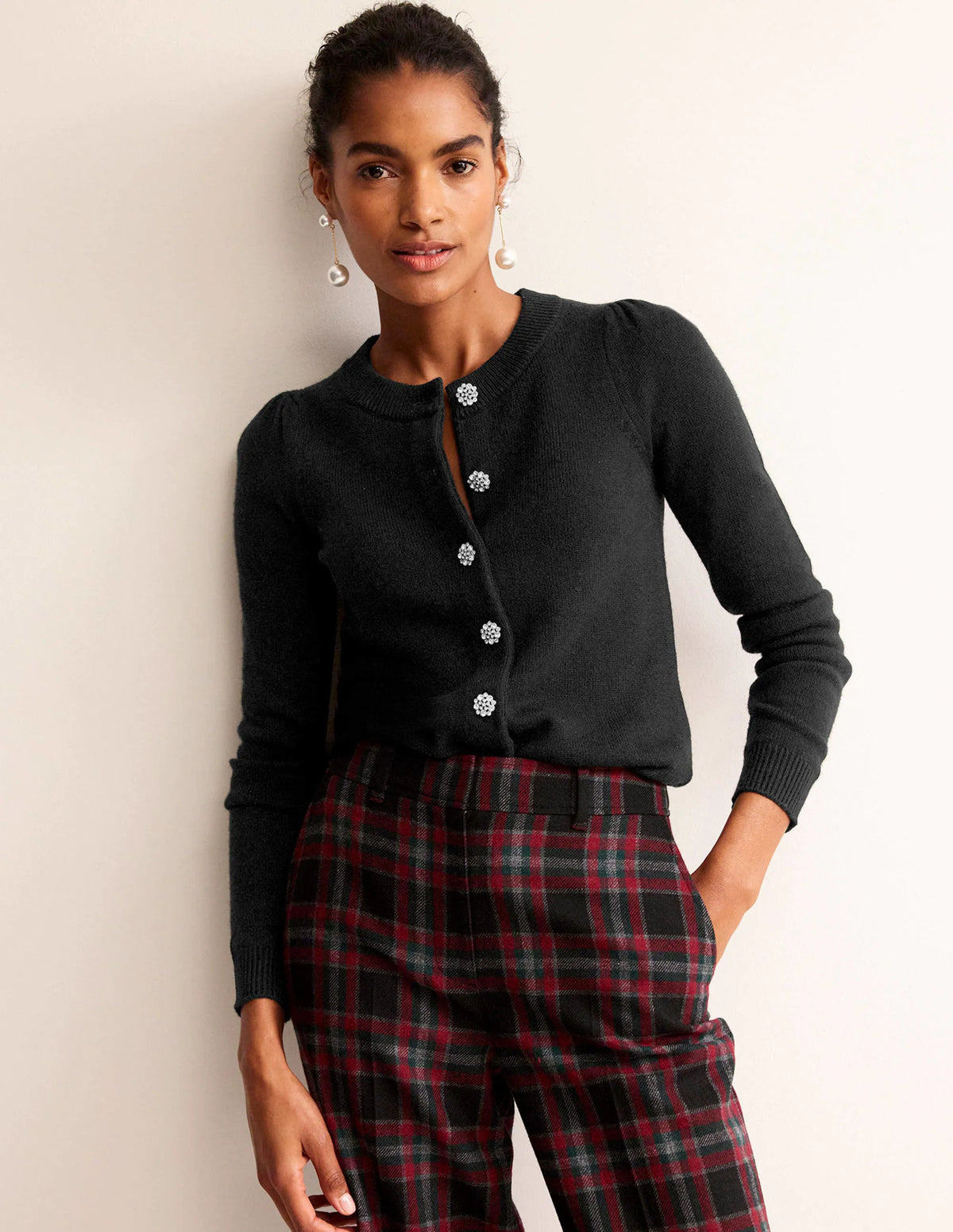 Jewel Button Cardigan-Black