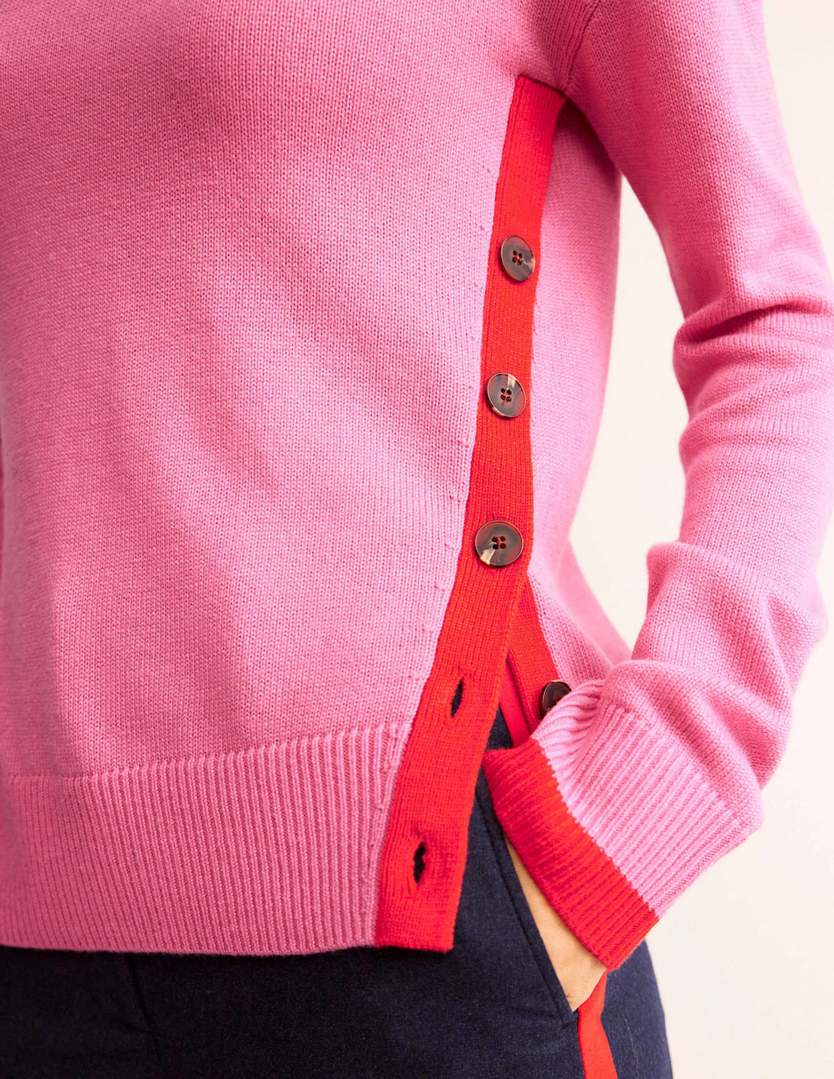 Alma Contrast Trim Sweater-Bright Pink, Post Box Red