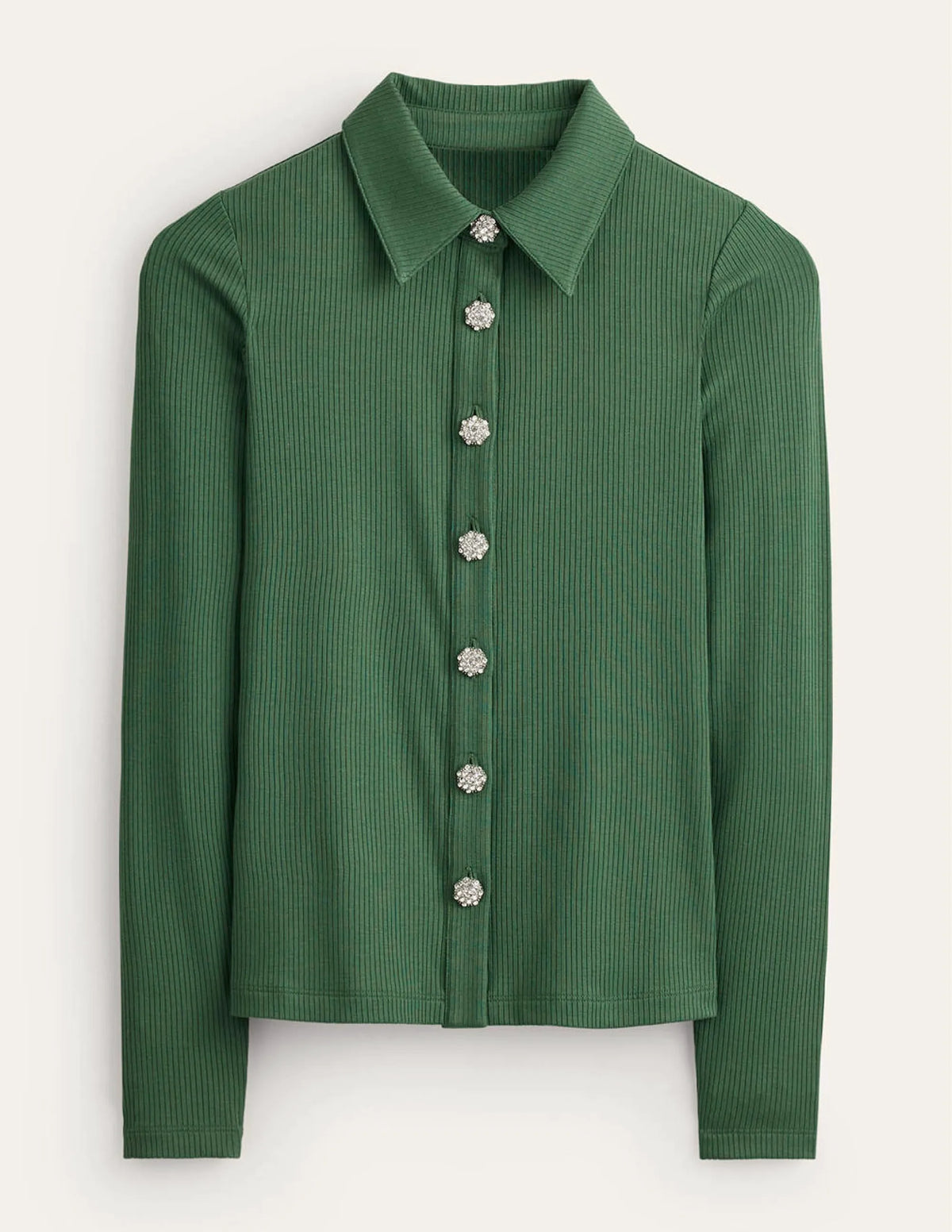 Jewelled-Button Ribbed Shirt-Palm Leaf