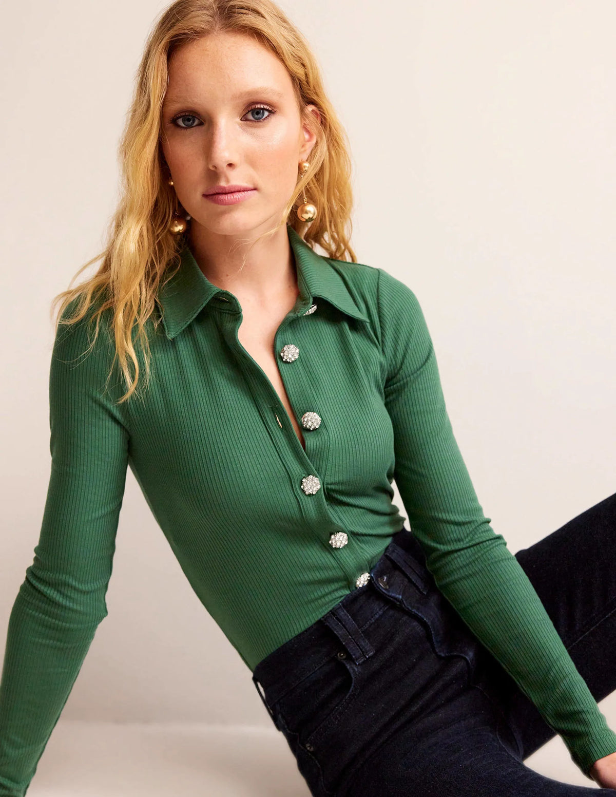 Jewelled-Button Ribbed Shirt-Palm Leaf