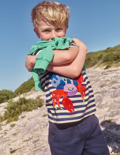 Appliqué Crab T-shirt-Sapphire Blue/Ivory Crabs