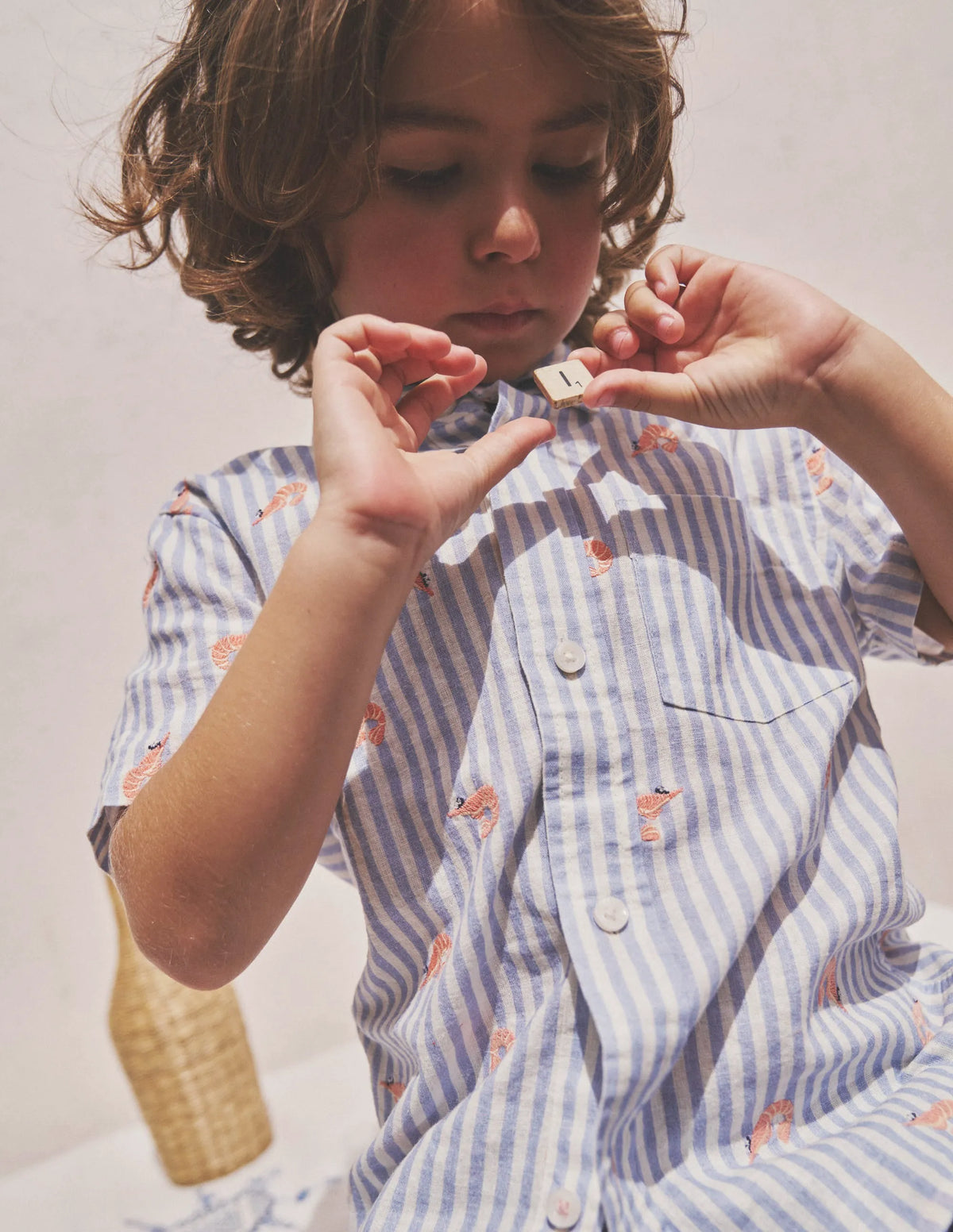 Cotton Linen Shirt-Surf Blue Stripe Prawns