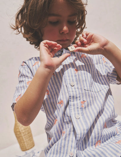 Cotton Linen Shirt-Surf Blue Stripe Prawns