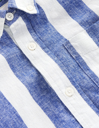 Cotton Linen Shirt-Sapphire Blue / Ivory Stripe