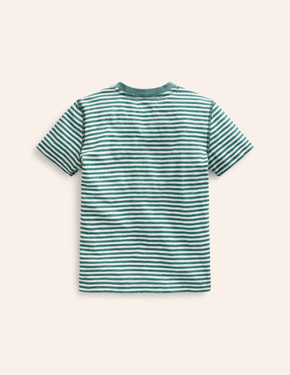 Washed Cotton Henley T-shirt-Green Spruce/ Ivory Stripe