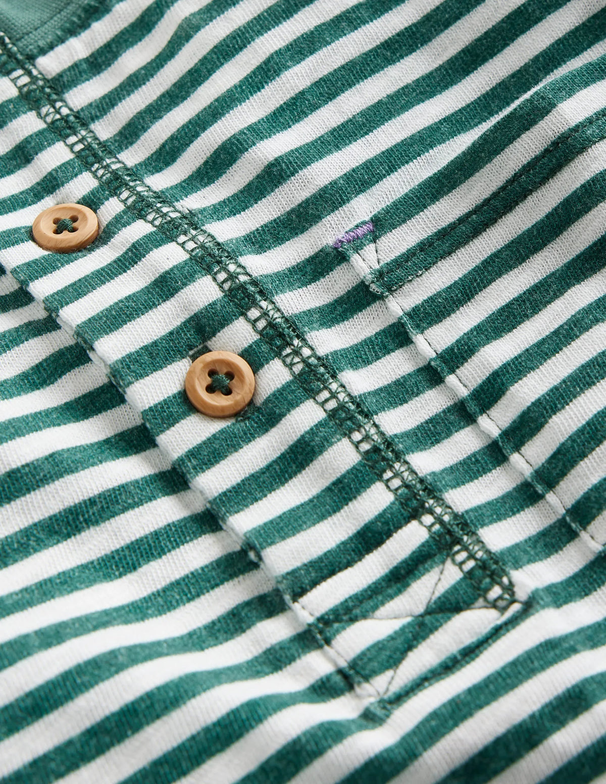 Washed Cotton Henley T-shirt-Green Spruce/ Ivory Stripe