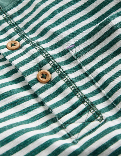 Washed Cotton Henley T-shirt-Green Spruce/ Ivory Stripe