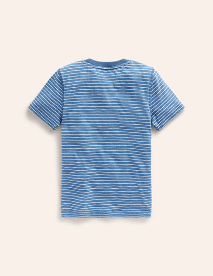 Washed Cotton Henley T-shirt-Indigo Stripe