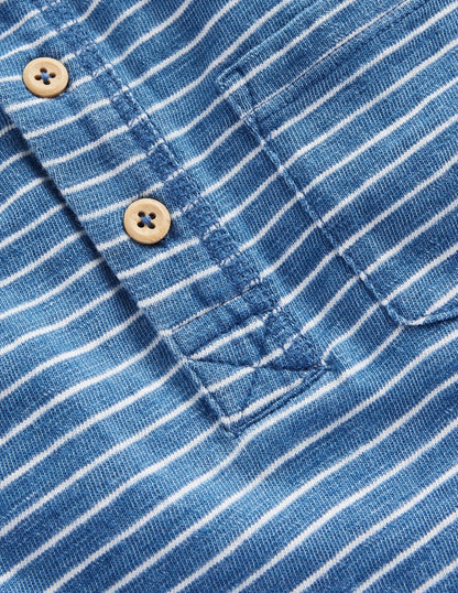 Washed Cotton Henley T-shirt-Indigo Stripe