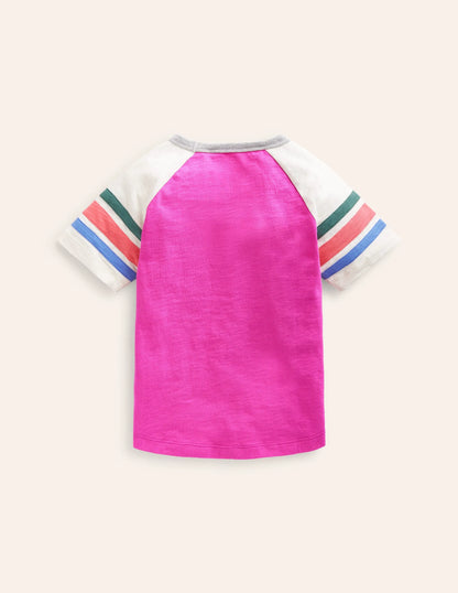 Short Sleeve Raglan T-shirt-Penelope Pink/ Rainbow Stripe