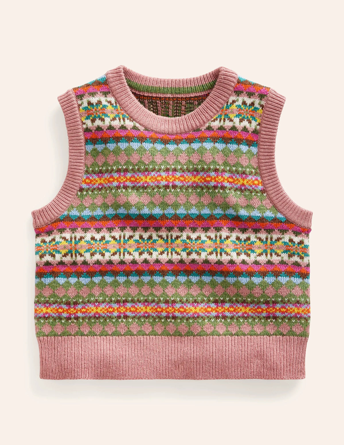 Fair Isle Knitted Vest-Green/ Pink Fair Isle