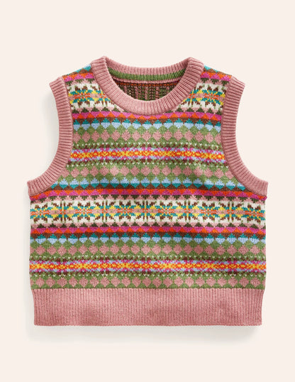 Fair Isle Knitted Vest-Green/ Pink Fair Isle