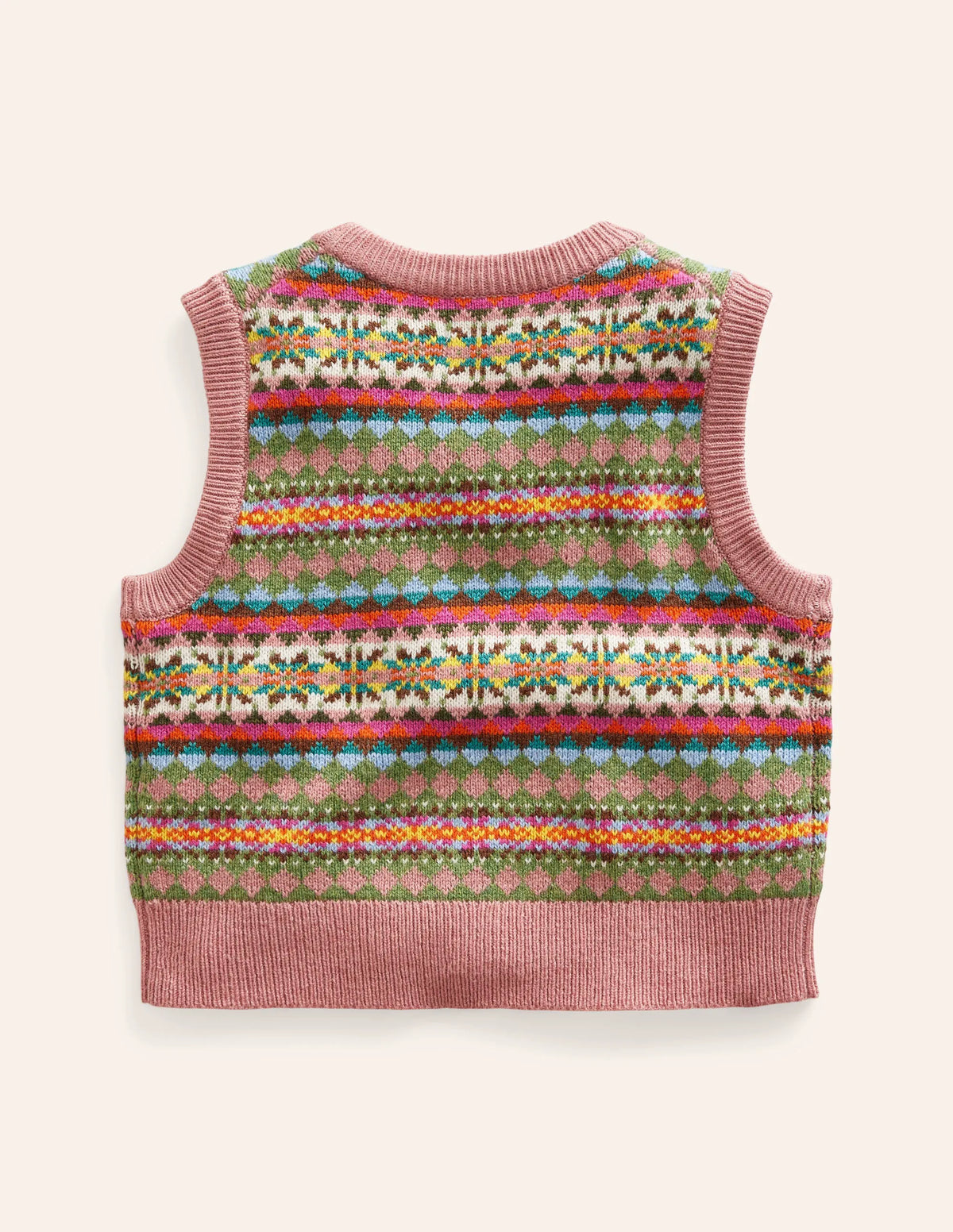 Fair Isle Knitted Vest-Green/ Pink Fair Isle