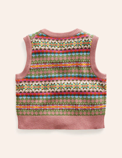 Fair Isle Knitted Vest-Green/ Pink Fair Isle