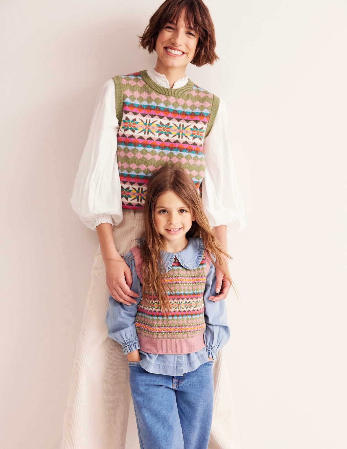 Fair Isle Knitted Vest-Green/ Pink Fair Isle