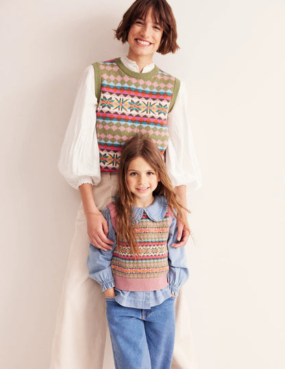 Fair Isle Knitted Vest-Green/ Pink Fair Isle