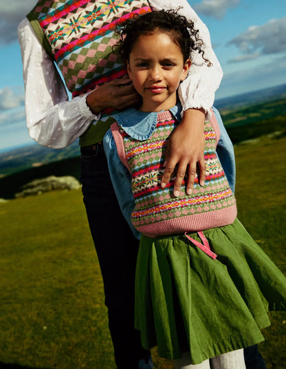 Fair Isle Knitted Vest-Green/ Pink Fair Isle