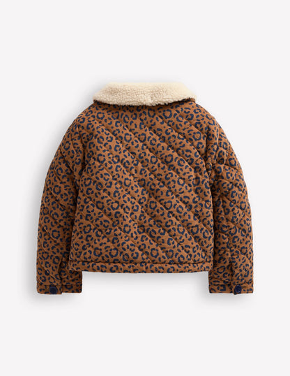 Borg Collared Cord Jacket-Tan Leopard Print