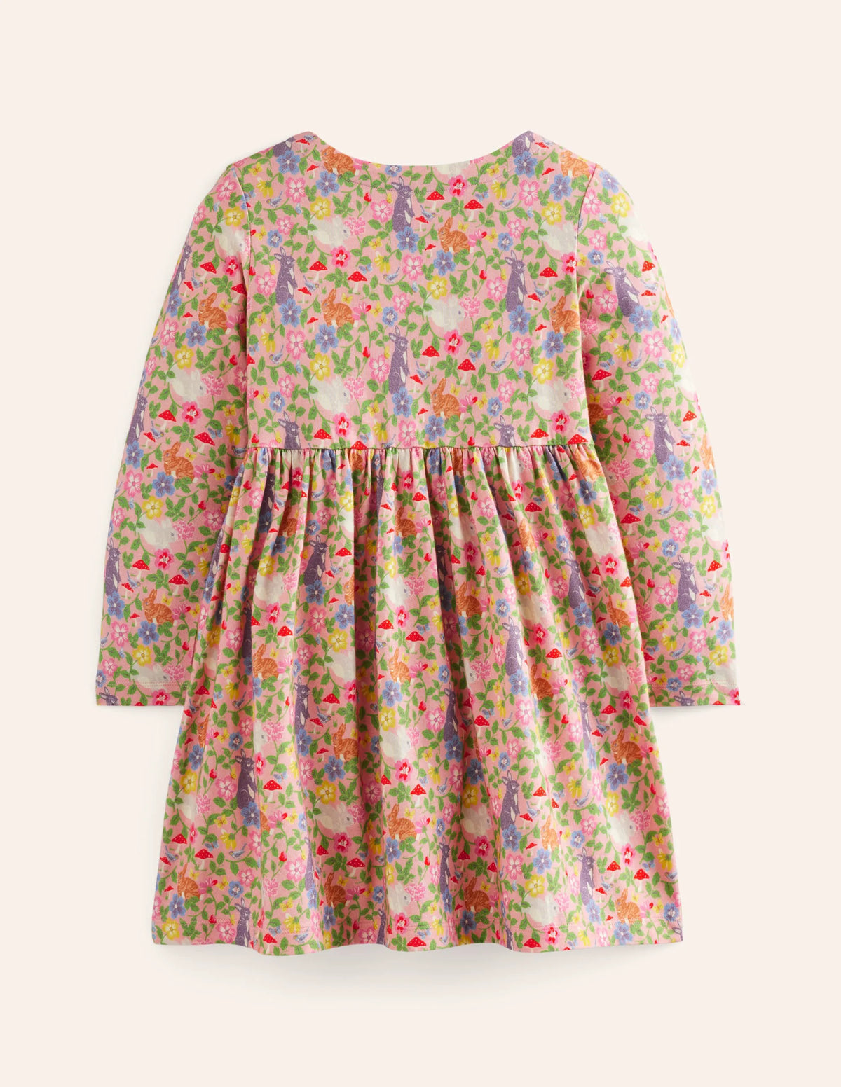 Long-Sleeved Fun Jersey Dress-Vintage Pink Bunny Field