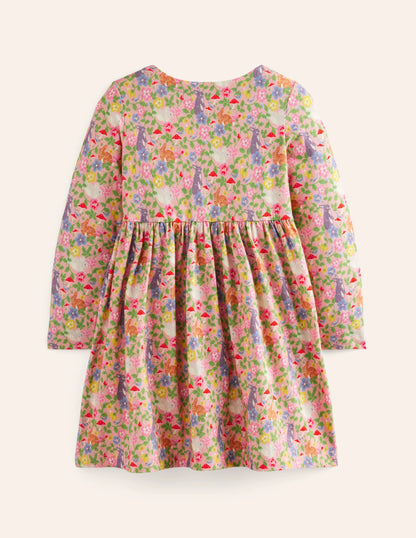Long-Sleeved Fun Jersey Dress-Vintage Pink Bunny Field